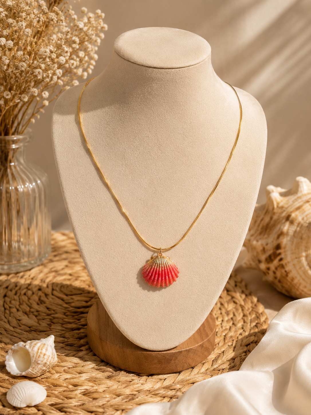 Collier coquillage naturel orange rose